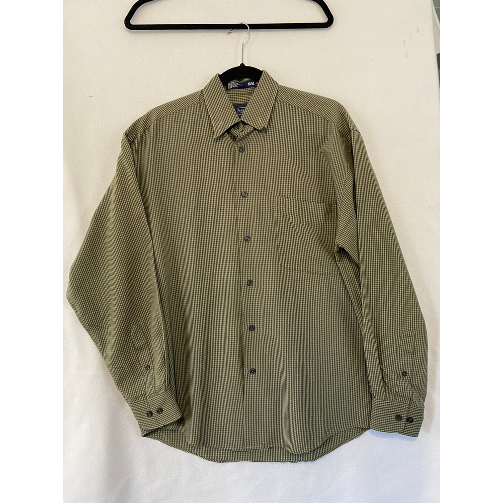 Haggar Button‎ Down Shirt Men M Olive Green Micro Check Long Sleeve Rayon - Picture 2 of 9